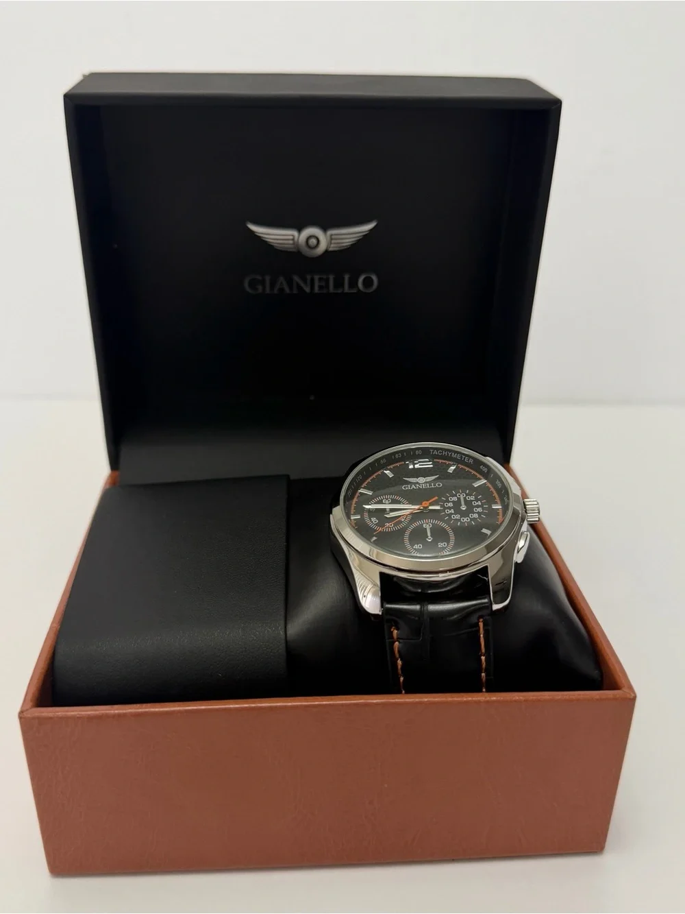 Gianello Men’s Italian Design Watch Black Leather Strap Tachymeter GNL7757BK NIB